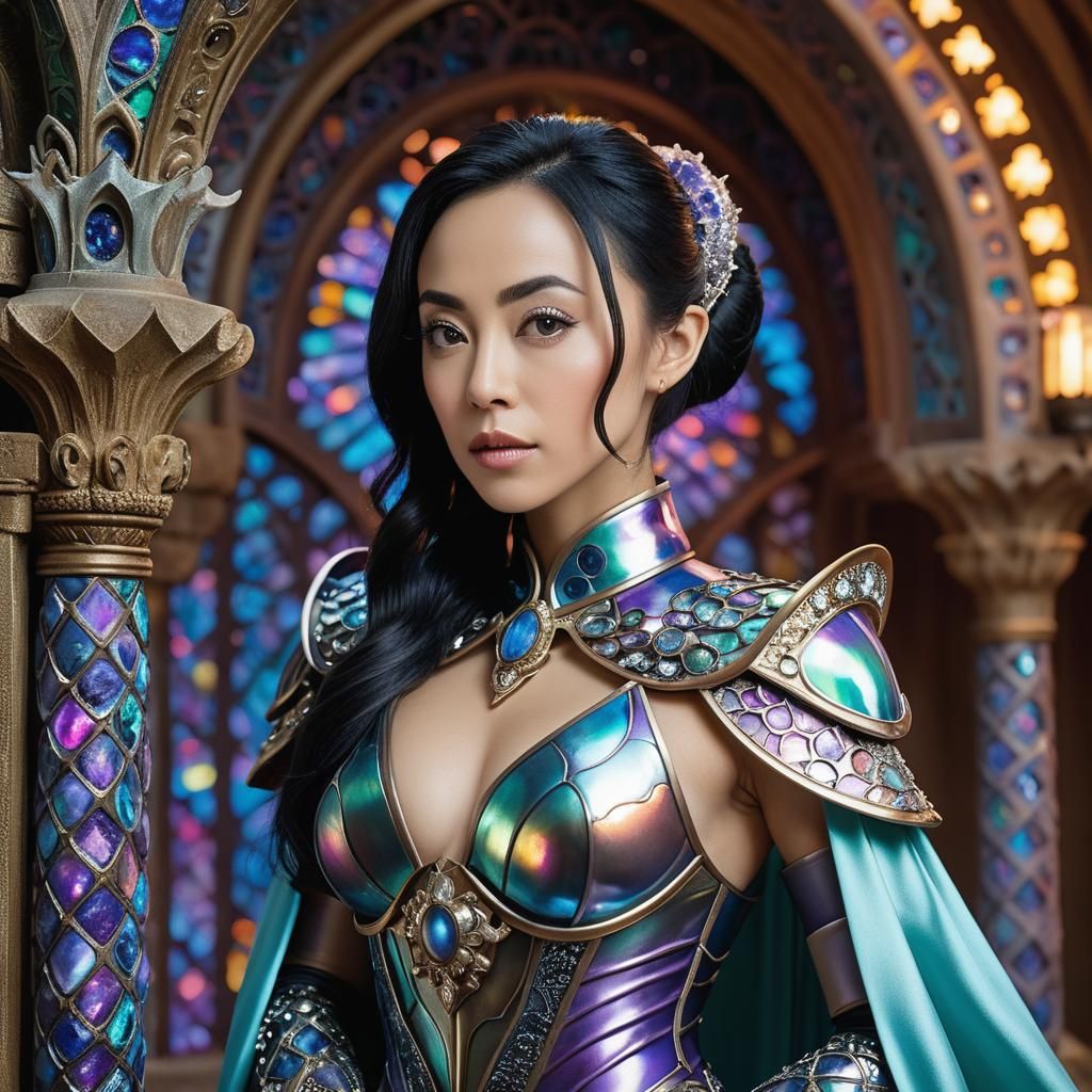 Portrait of Woman in Iridescent Armor with Silk Robes