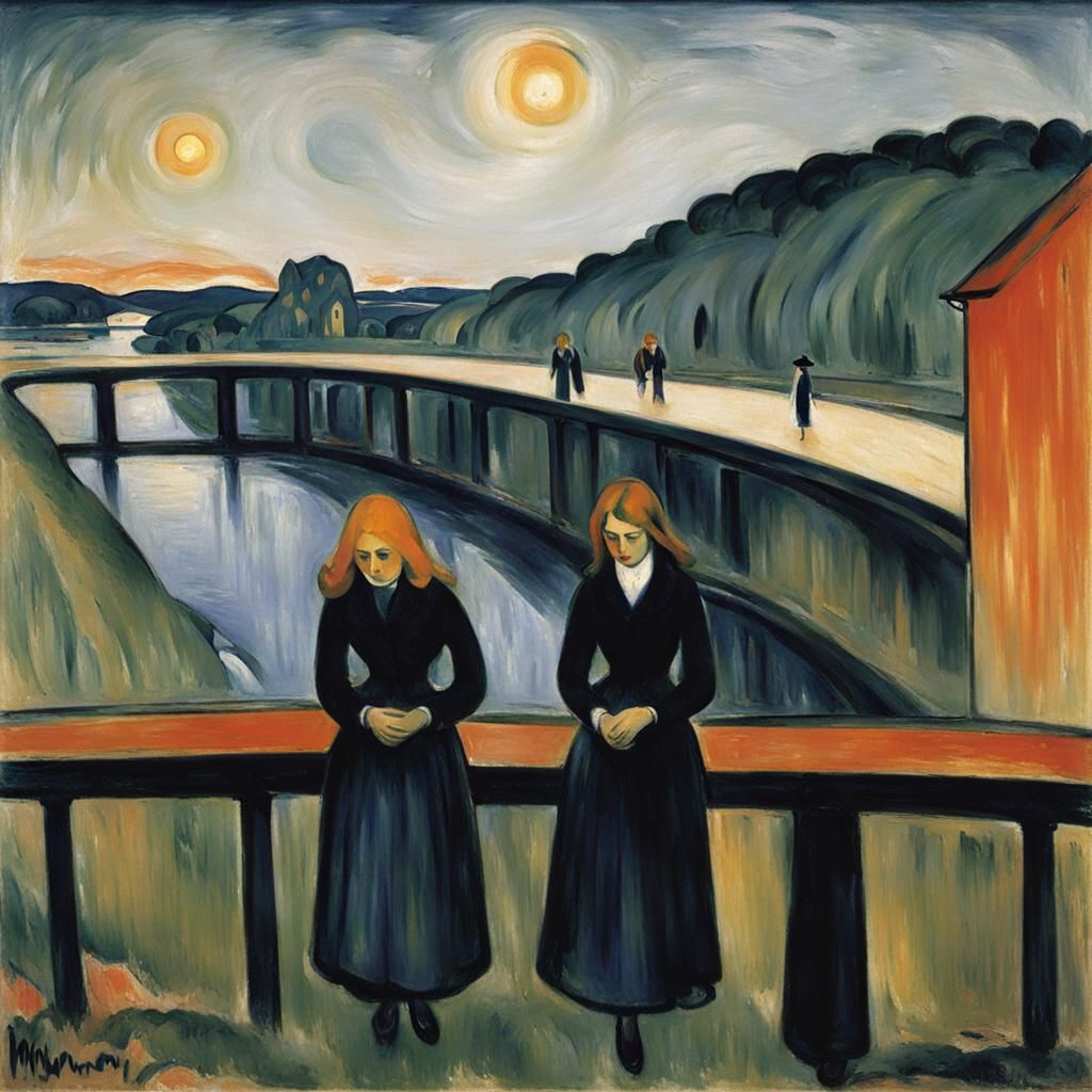 Expressionist Figures on a Bridge, Munch Style