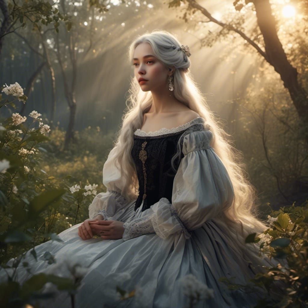 Spring Forest Sunrise Scene with Silver-Haired Woman