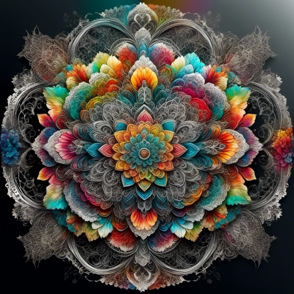 Vivid Mandala with Rainbow Lace Flowers in Fractal Art