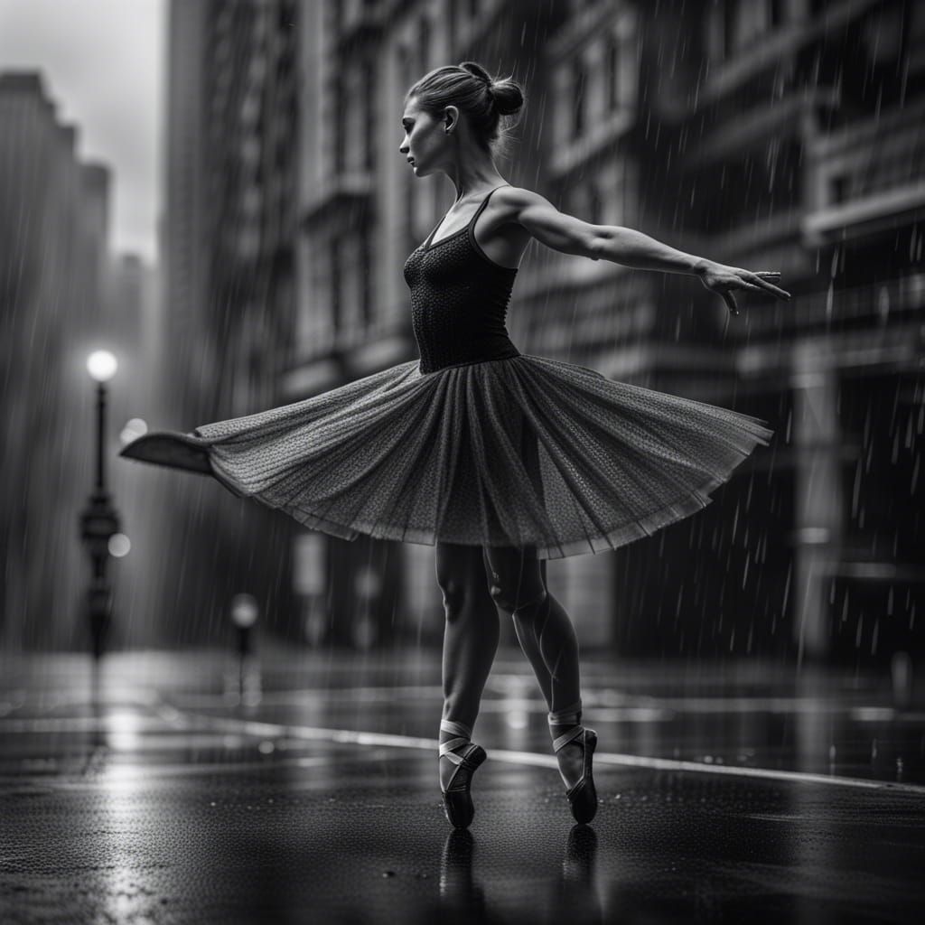 Ballerina Dances in Rainy City: Hyperrealistic Black and Whi...