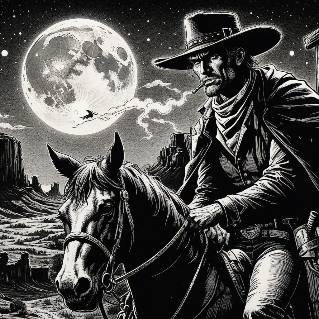 Neo-Noir Cowboy Under Full Moon