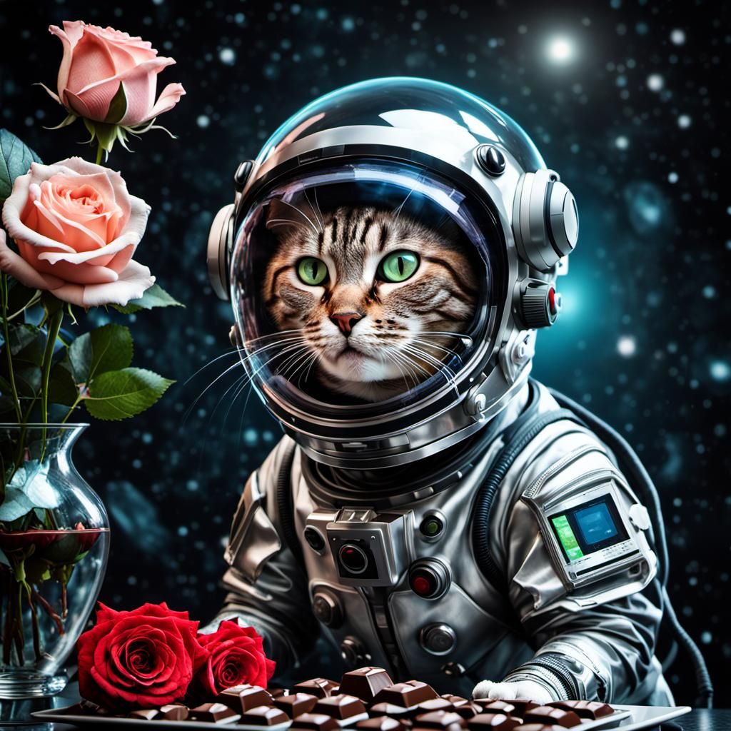 Alien Cat Woman in Spacesuit Scans Chocolates