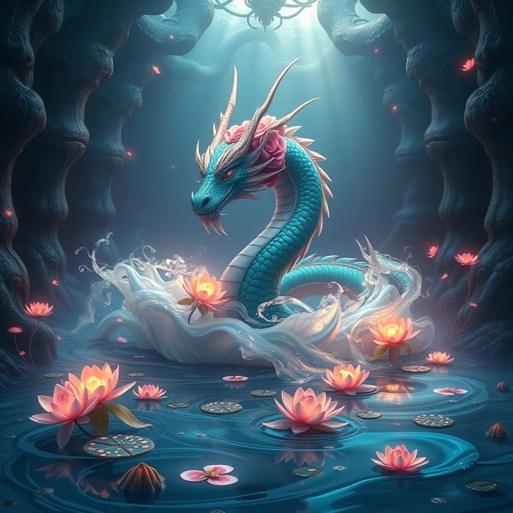 Ethereal Aqua Dragon in Labyrinthine Fantasy Realm