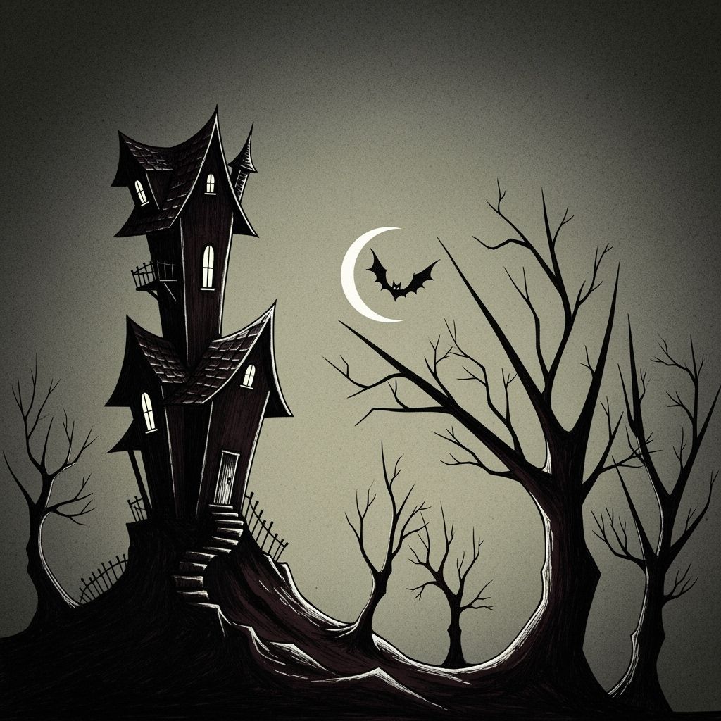 Minimalist Halloween House Under Crescent Moon