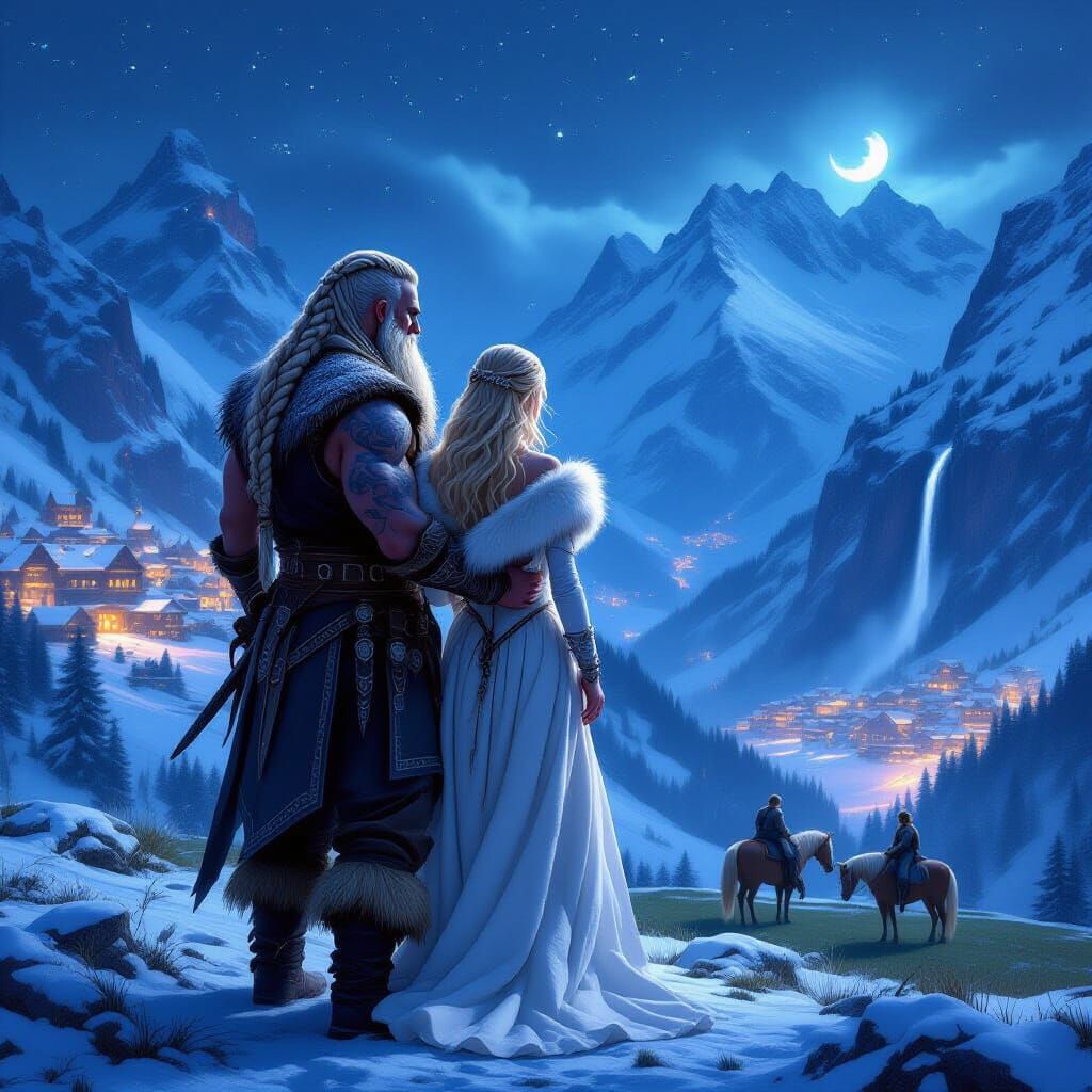 Viking Warrior Rescues Woman in Snowy Alpine Village