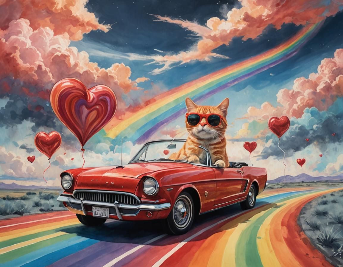 Psychedelic Tabby Cat Drives a Rainbow Mustang