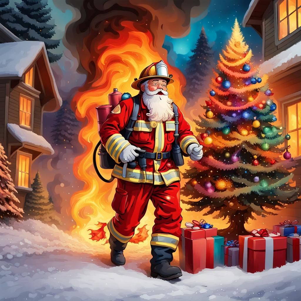 Santa as Firefighter Amidst Burning Christmas Tree