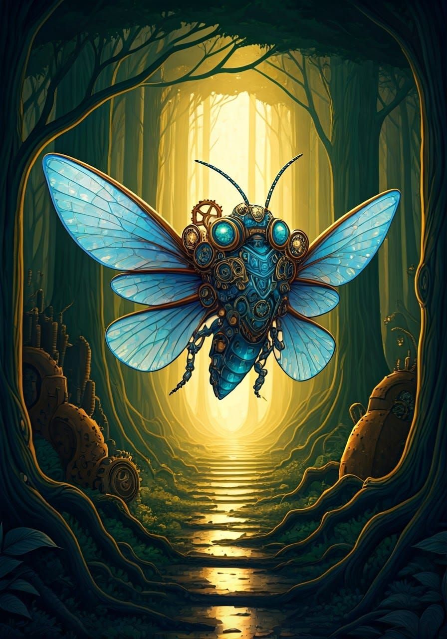 Gears and Cogs Clockpunk Robot Insect in Vibrant Fantasy Ste...