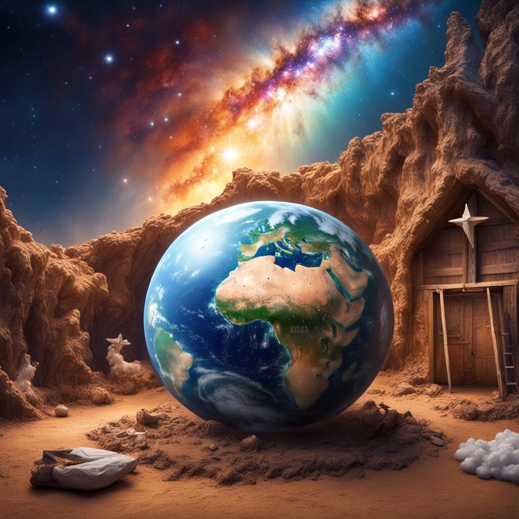 Christmas Manger Inside Earth, Galaxy Background