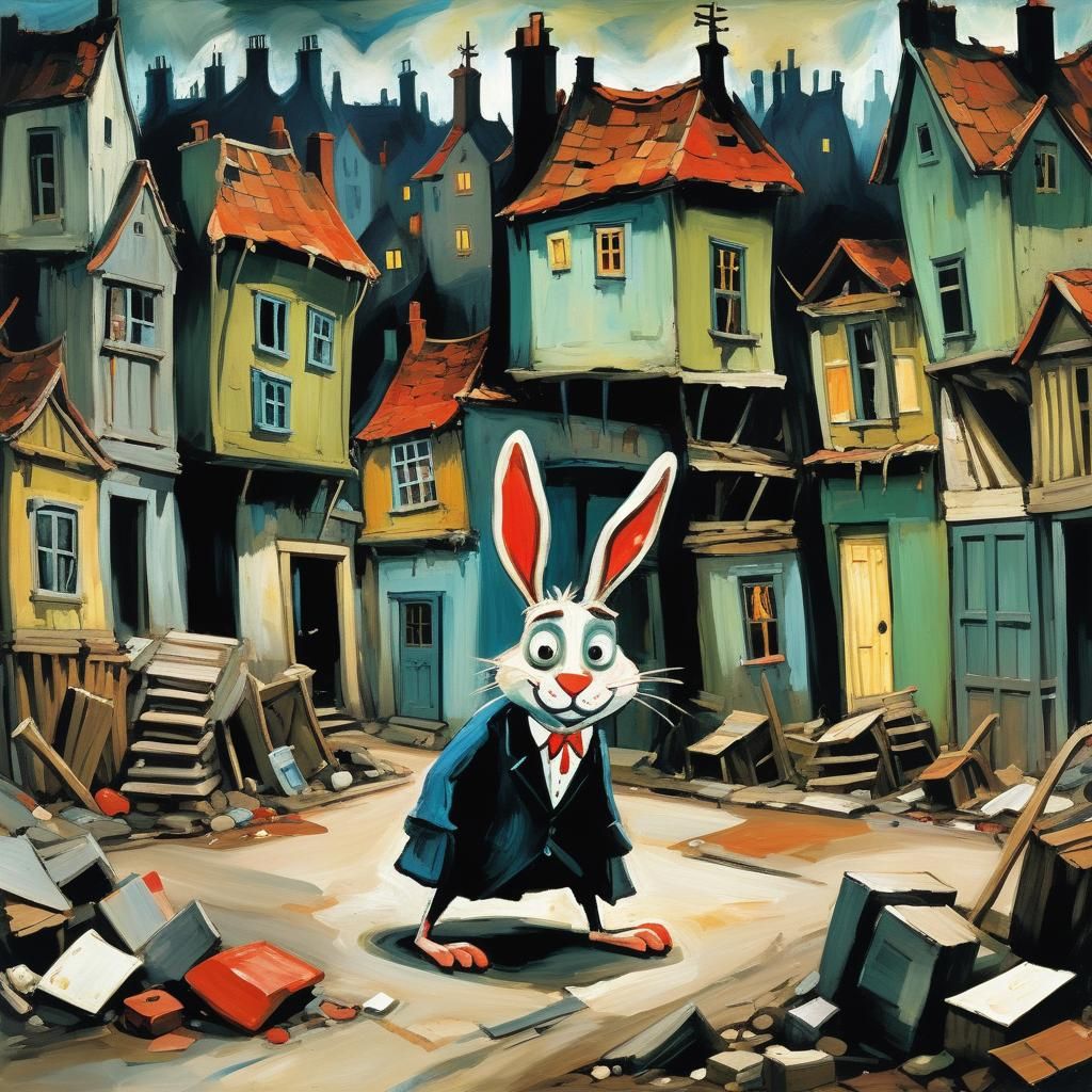 Surreal Masquerade Rabbit in Collapsed Cityscape