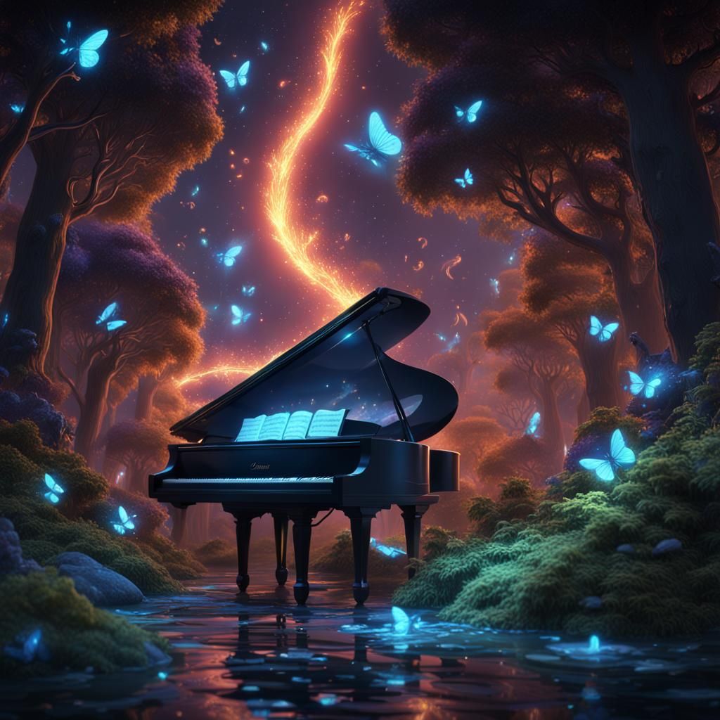 Bioluminescent Music Notes in Space Forest: Digital Art