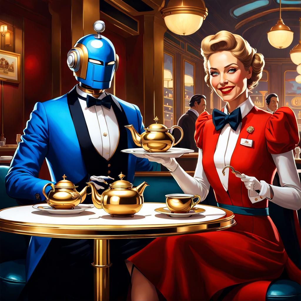 Lady Simpkins can't hide her pleasure as she hands loyal robot butler Simeon a golden tea set for 25 years faultless se...