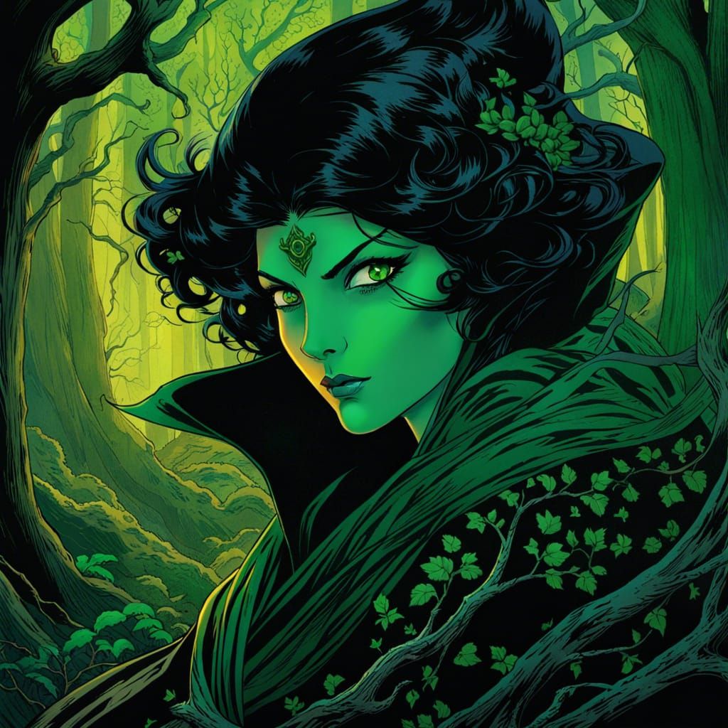 Sinister Emerald-Eyed Witch in Forest, Detailed Concept Art