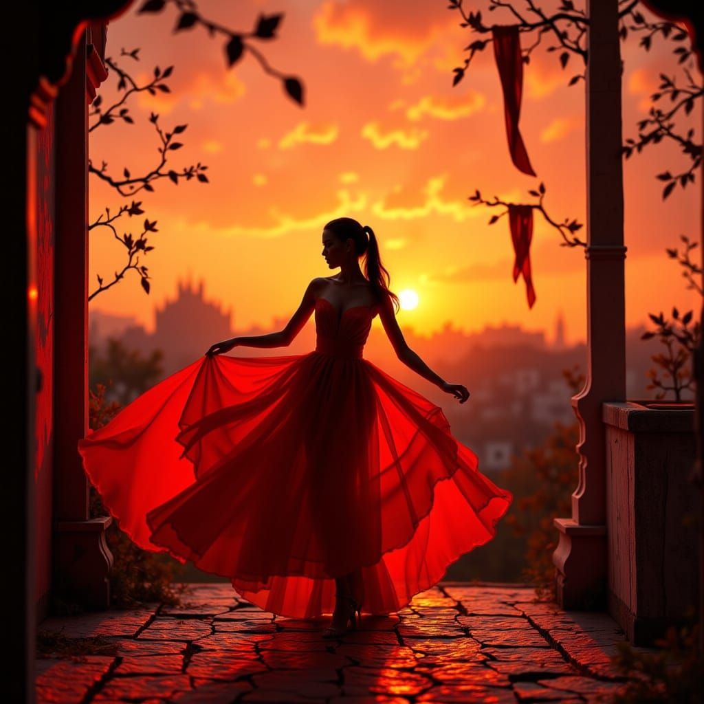 Lady in Red Dances at Sunset in Prague