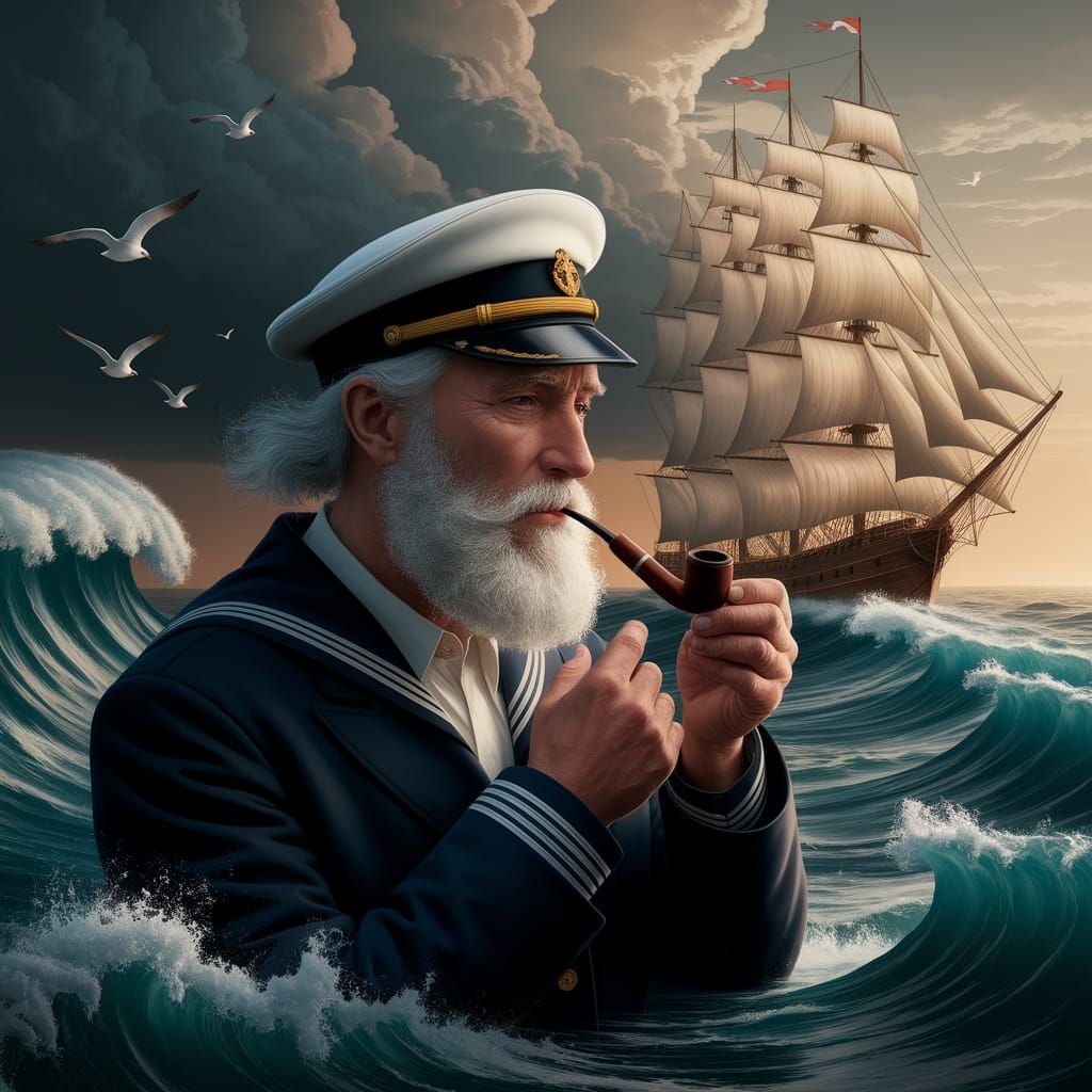 Elderly Sailor Contemplates Stormy Sea and Sailing Ship Voya...