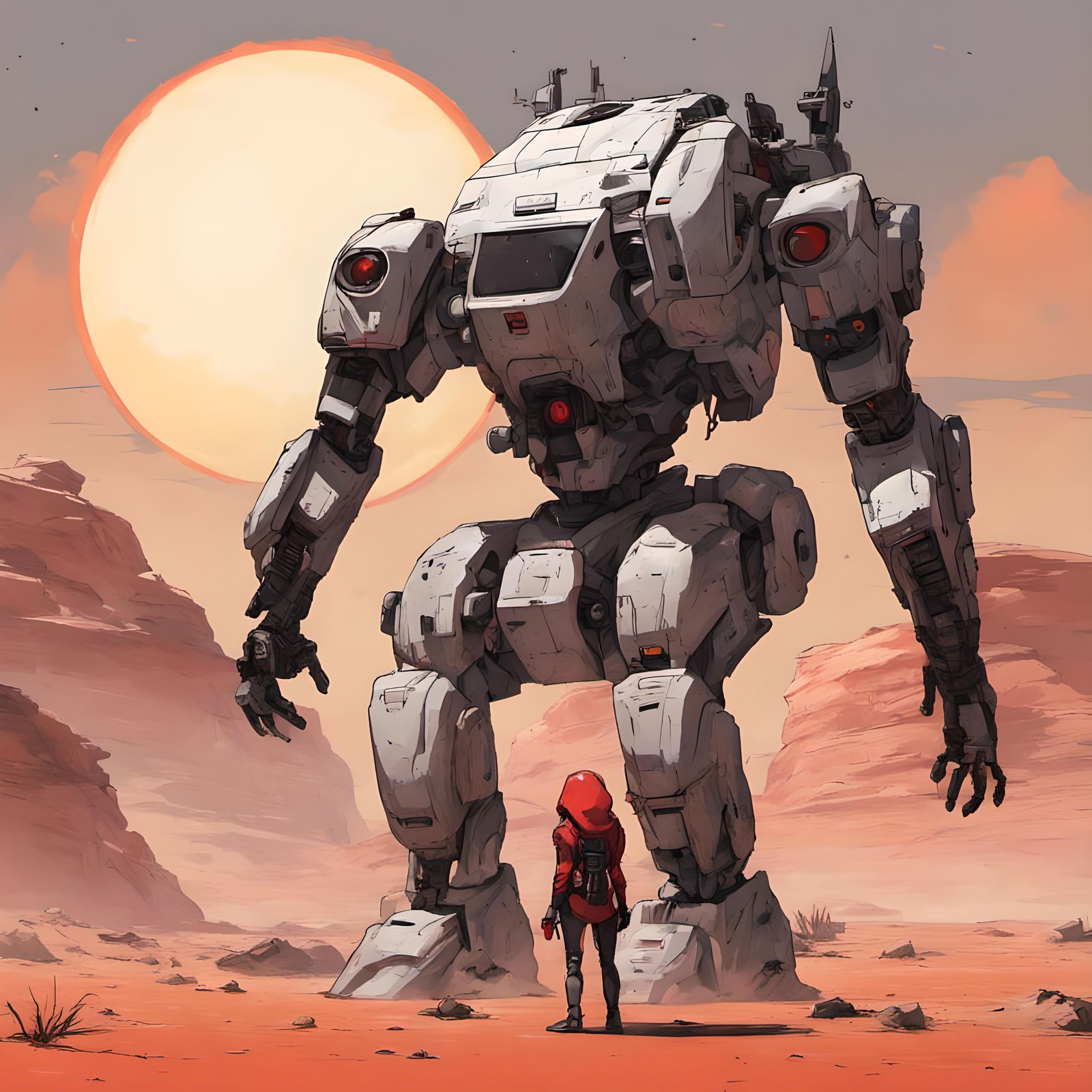 Giant Combat Robot Walker with Astronaut on Desert Planet