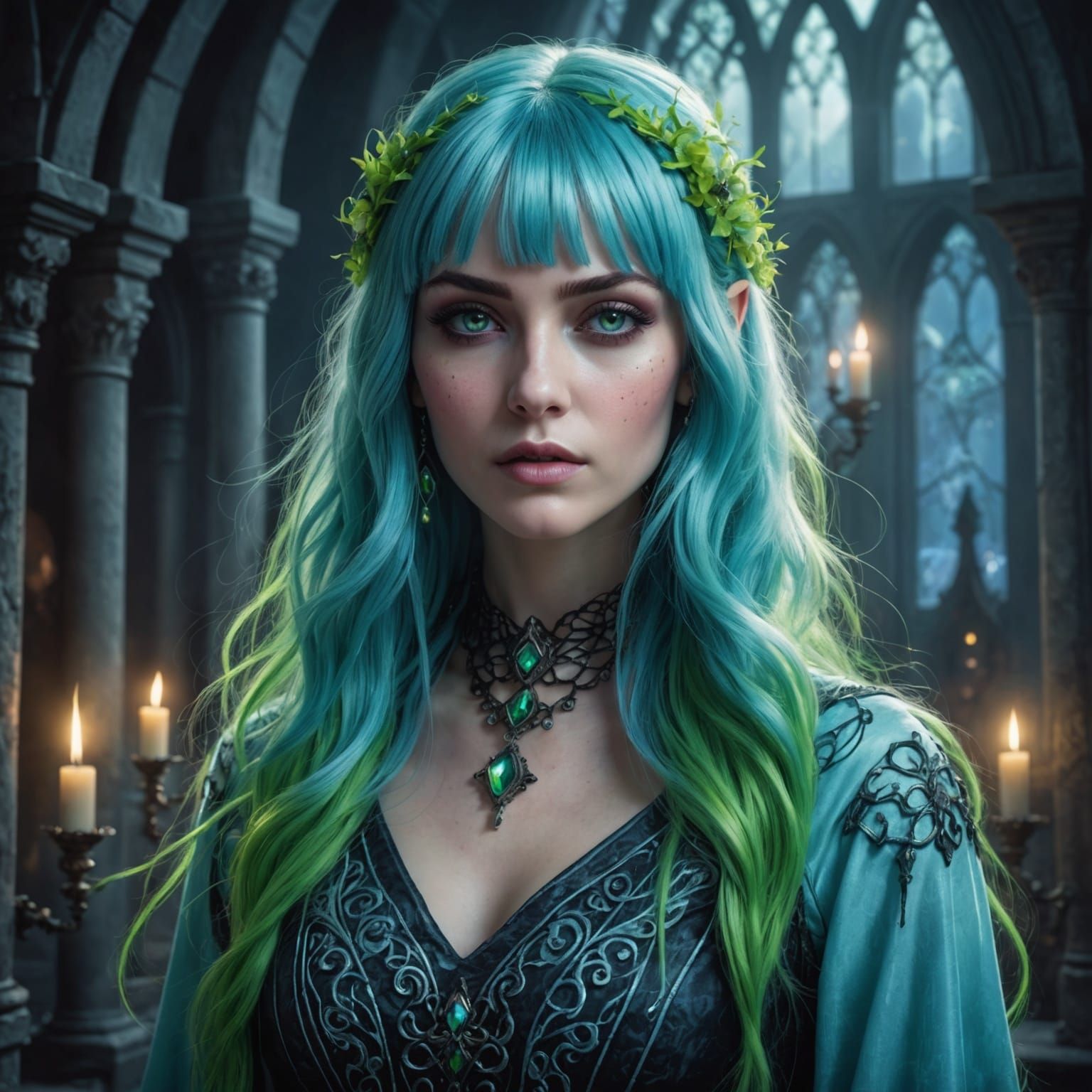 Gothic Fantasy Woman with Neon Hair Illustration