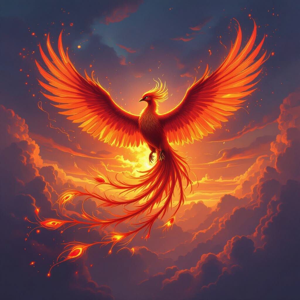 Elemental Phoenix Soaring Through Fiery Sky