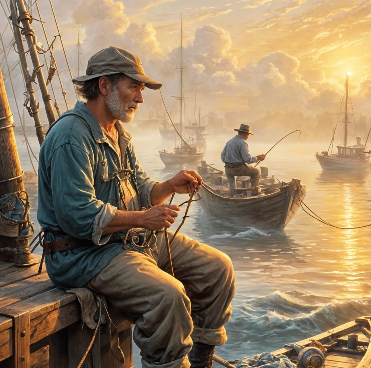 Fisherman Fishing at Sunrise in Ethereal Mist