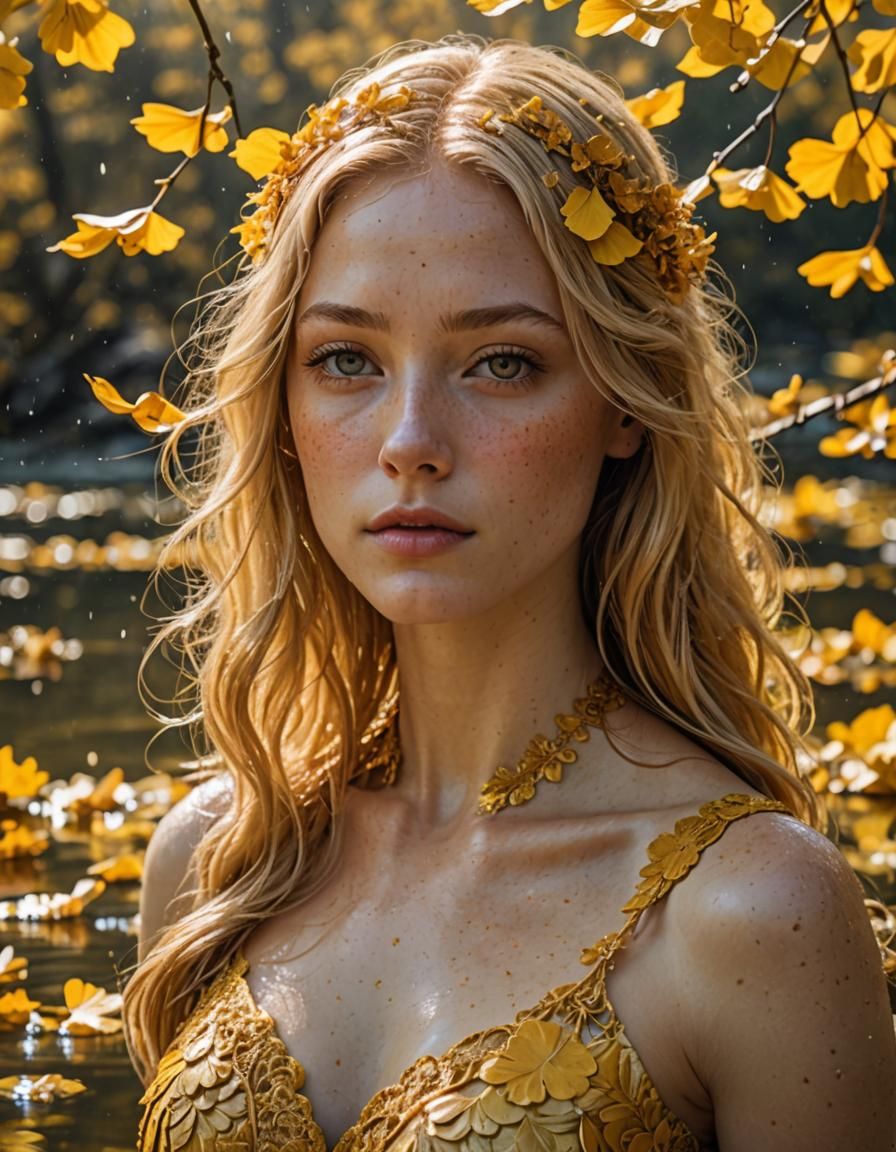 Golden Filigree Maiden Emerging from Lake