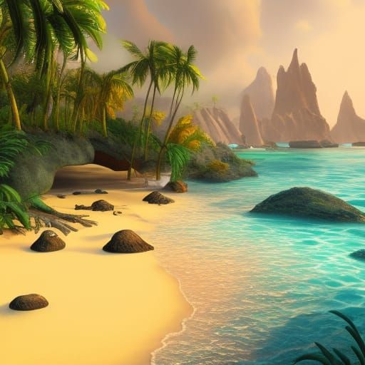 Lush Tropical Beach in Detailed Matte Painting
