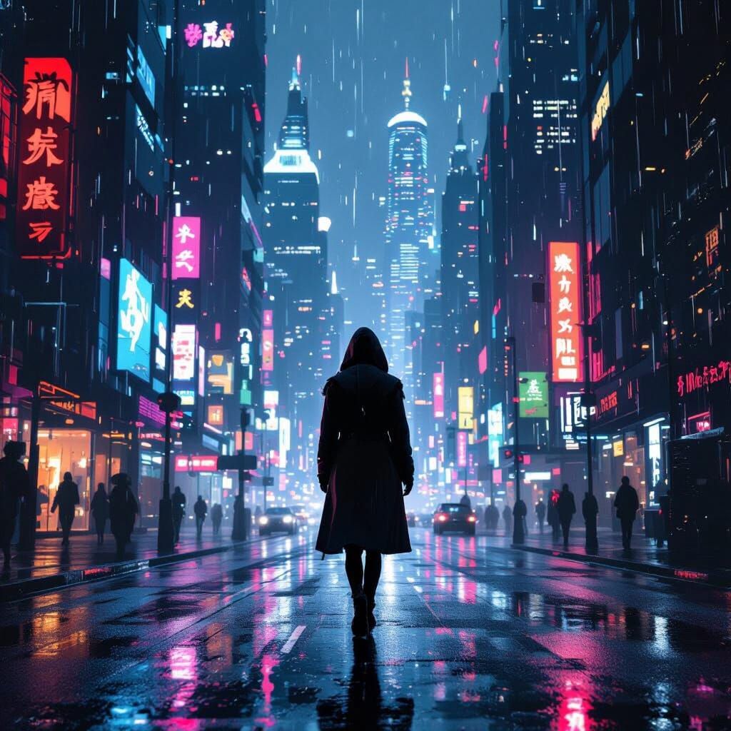 Woman on Rainy Street Under Neon Lights