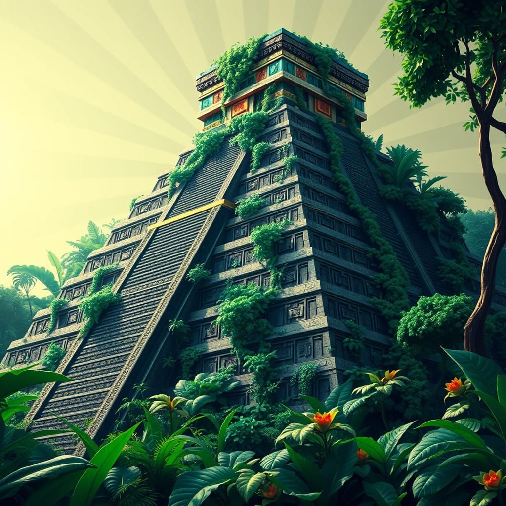 Majestic Emerald Aztec Pyramid in Whimsical Fantasy Style