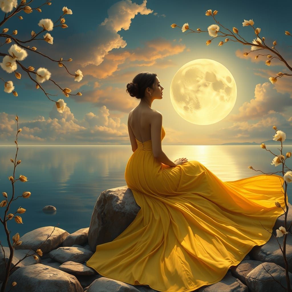 Dreamy Night Scene with Young Woman by the Calm Lake