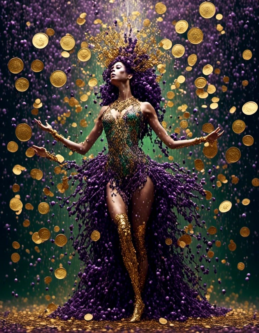 Woman Dancing in Shower of Gold Coins