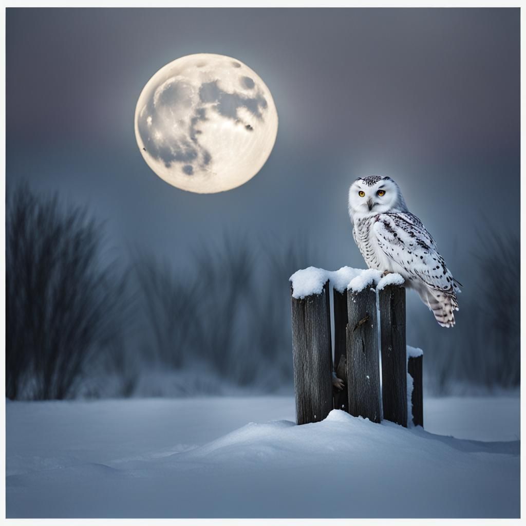 Snow White Owl Under Full Moon