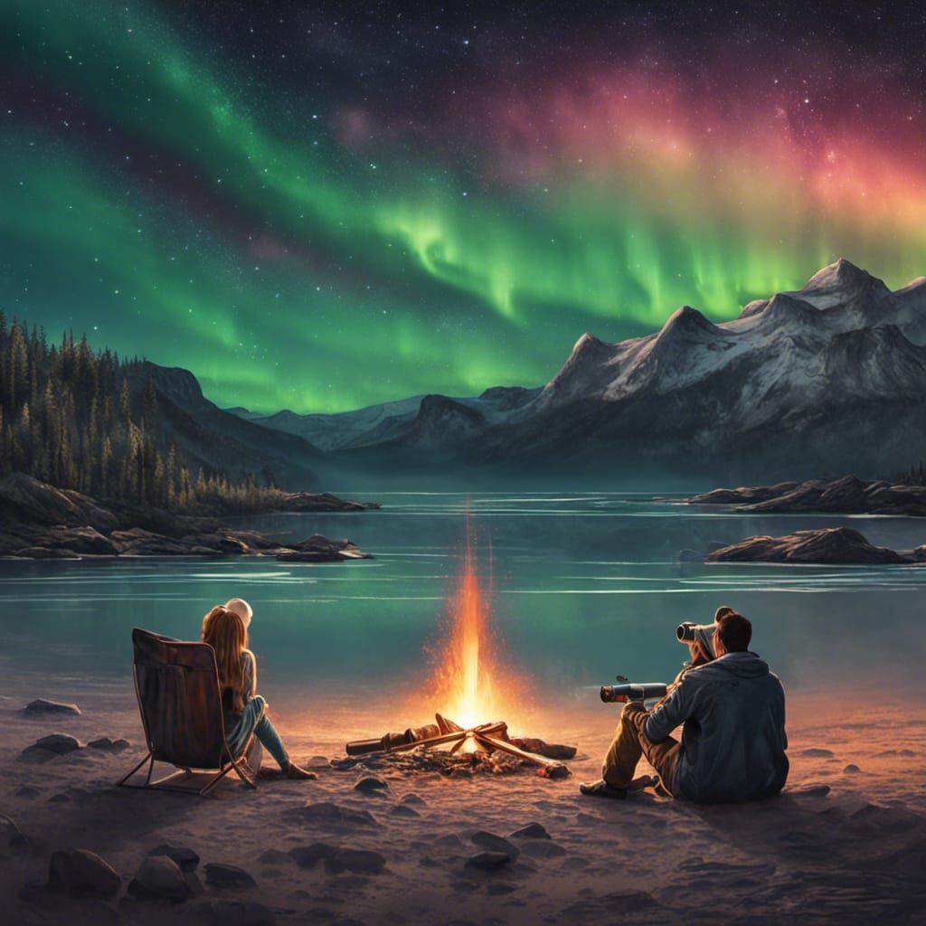 Couple sitting on a beach next to a campfire with a telescope. Overhead are the Northern lights with meteors showers wit...