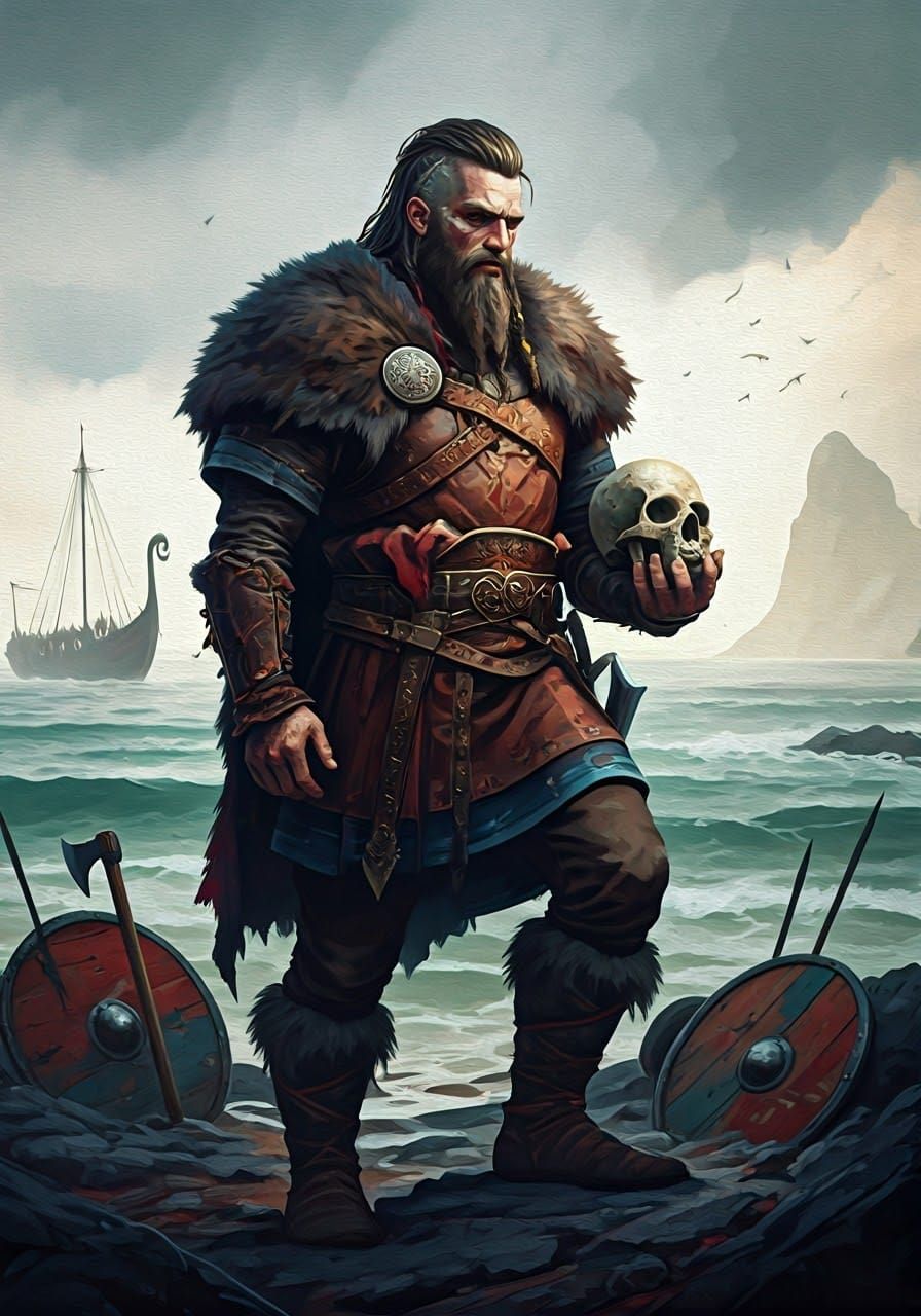 Viking Warrior in Earth-Toned Armor, Holding a Skull