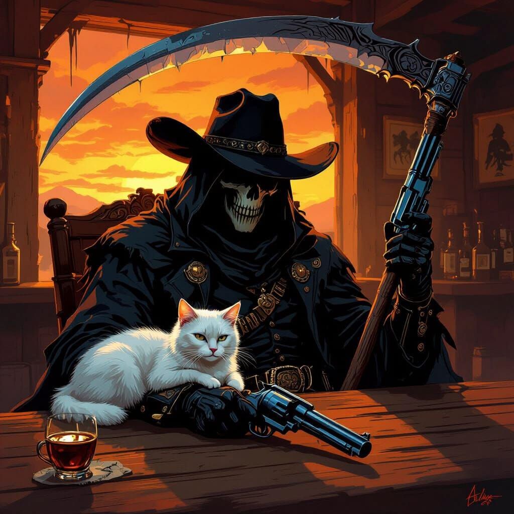 Cowboy Reaper with Scythe, Pistol, and White Cat