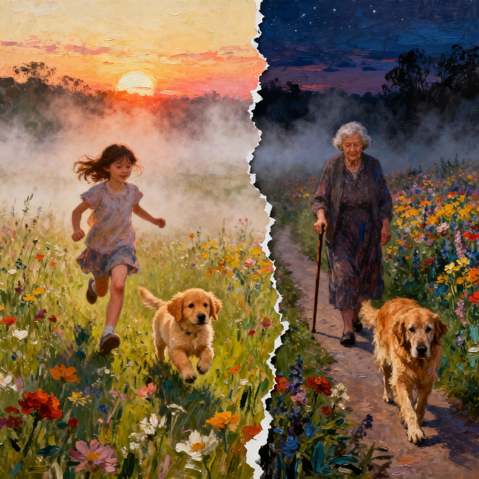 Sunrise Meadow Run to Twilight Path With Dog