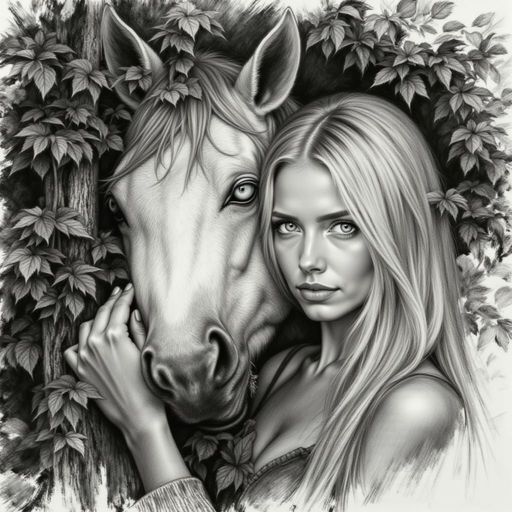 Charcoal Portrait of Woman and Horse in Forest