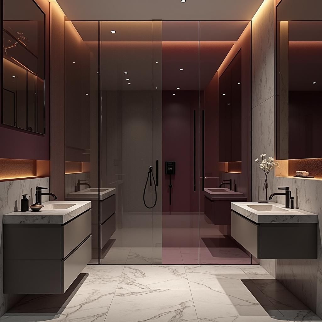 Modern Bathroom with Plum and Grey Glass Tiles