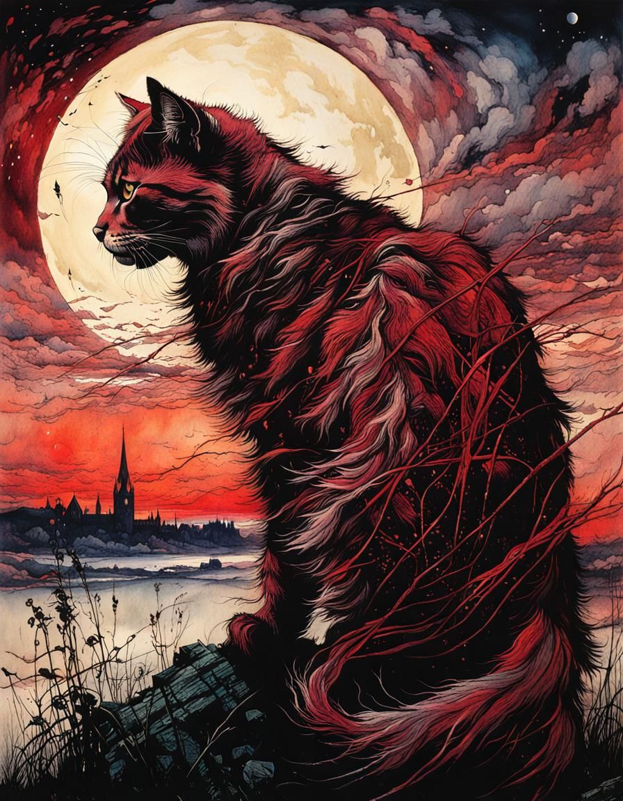 Medieval Cat on the Prowl, Arthur Rackham Style