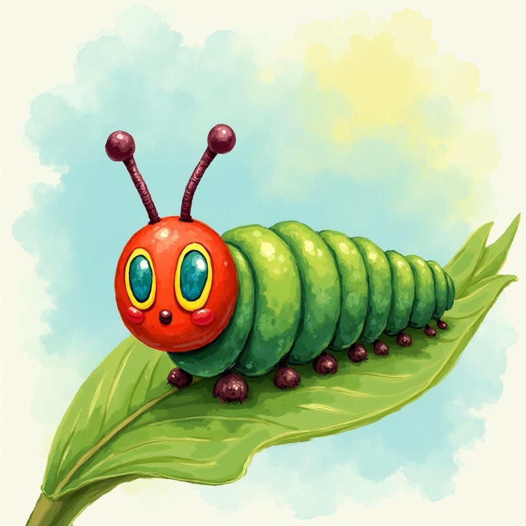 Charming Caterpillar on a Green Leaf in Whimsical Watercolor...