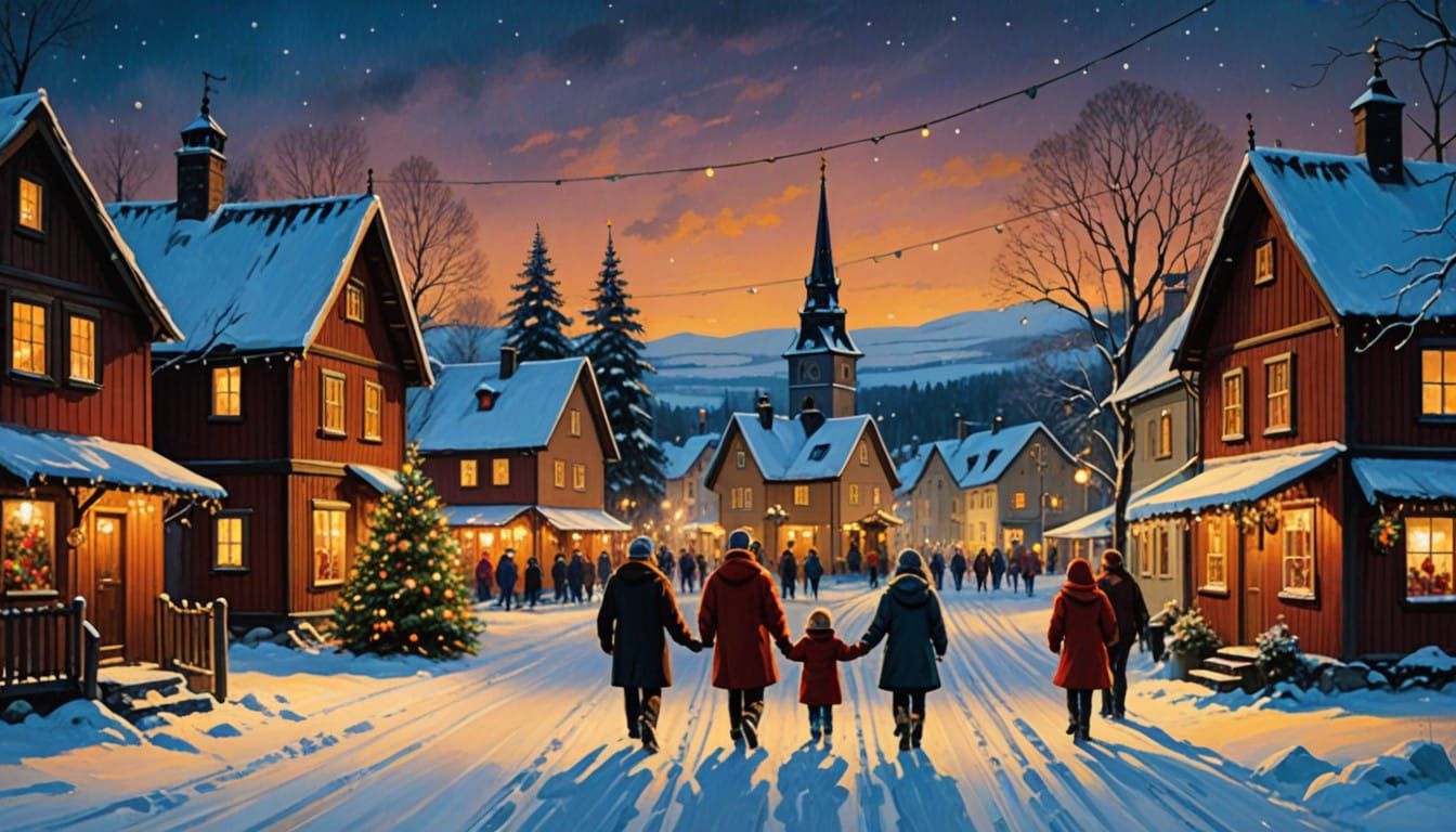 Winter Wonderland Christmas Eve in Swedish Village Style Oil...
