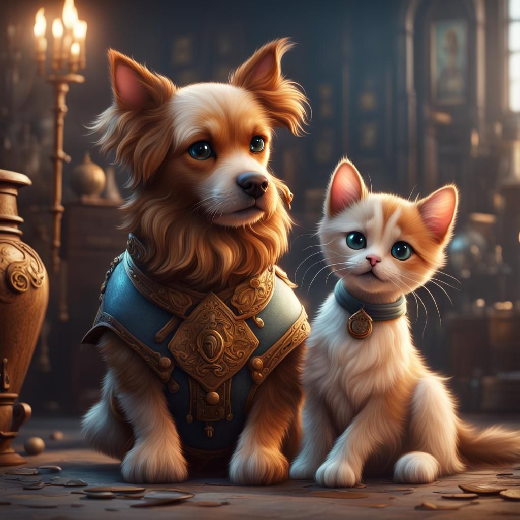 Cute Cat and Dog Fantasy Concept Art