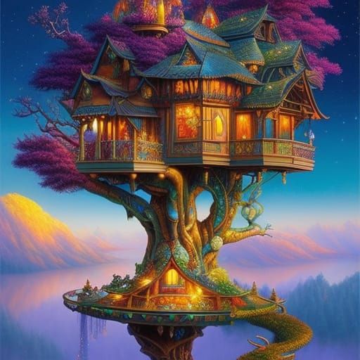 Cosmic Treehouse with Sparkling Starlight Branches