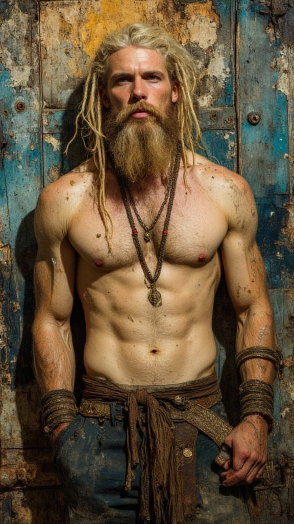 Viking Warrior with Dreadlocks, Klimt-Inspired Oil Painting