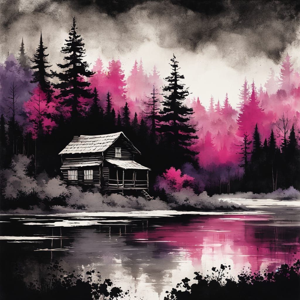 Vintage Cabin in Forest River, European Ink Painting Style