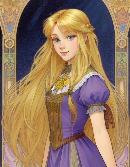 Disney's Rapunzel in the style of Alphonse Mucha