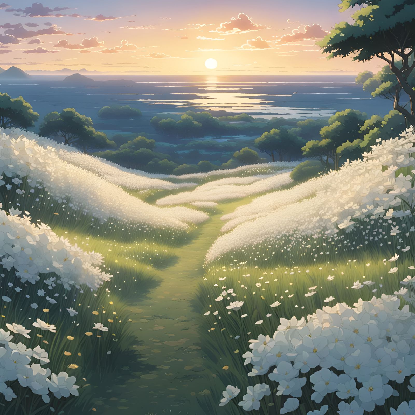 Sunset Wildflower Field in Anime Style