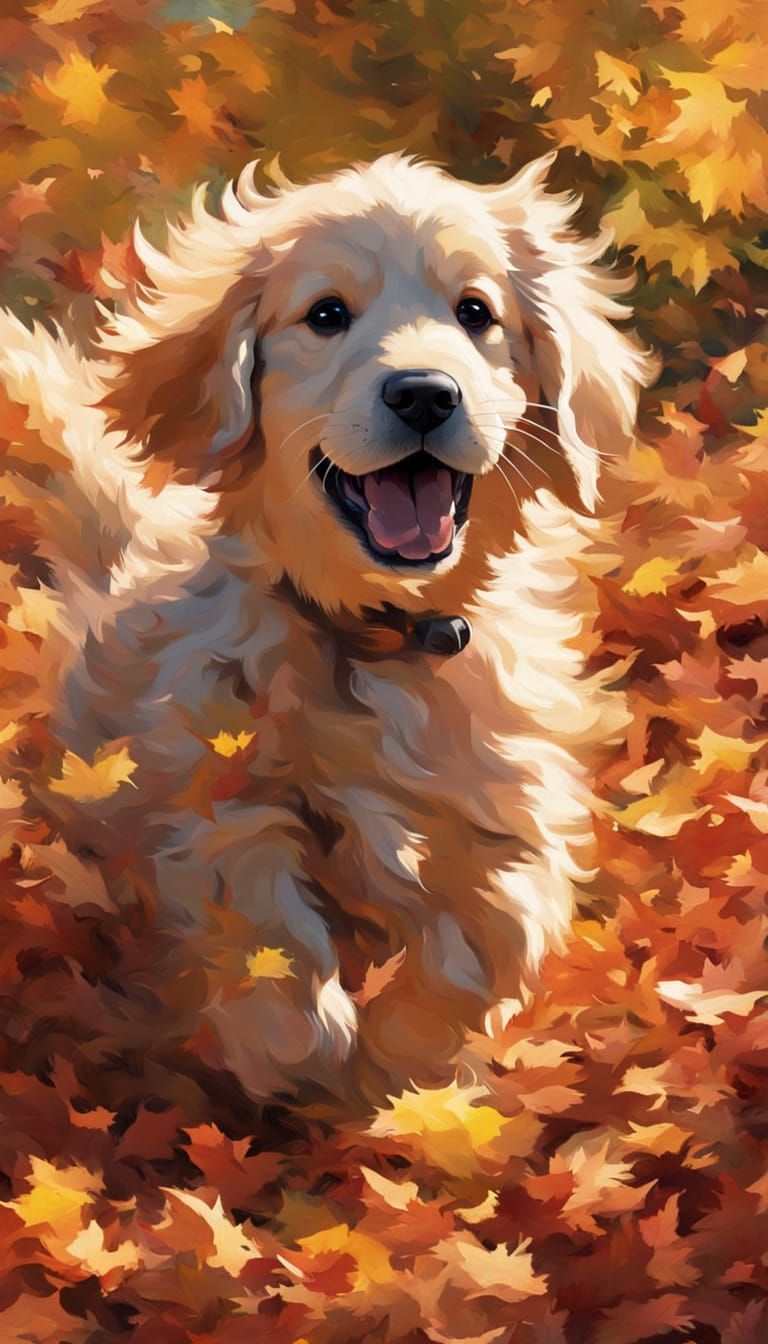 Golden Retriever Puppy Leaping Into Autumn Leaves