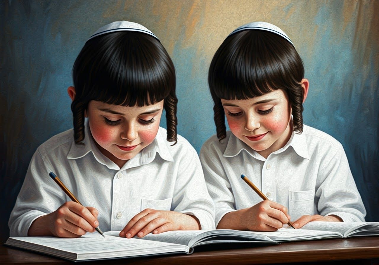 Attentive Ultra-Orthodox Children Writing in Notebooks