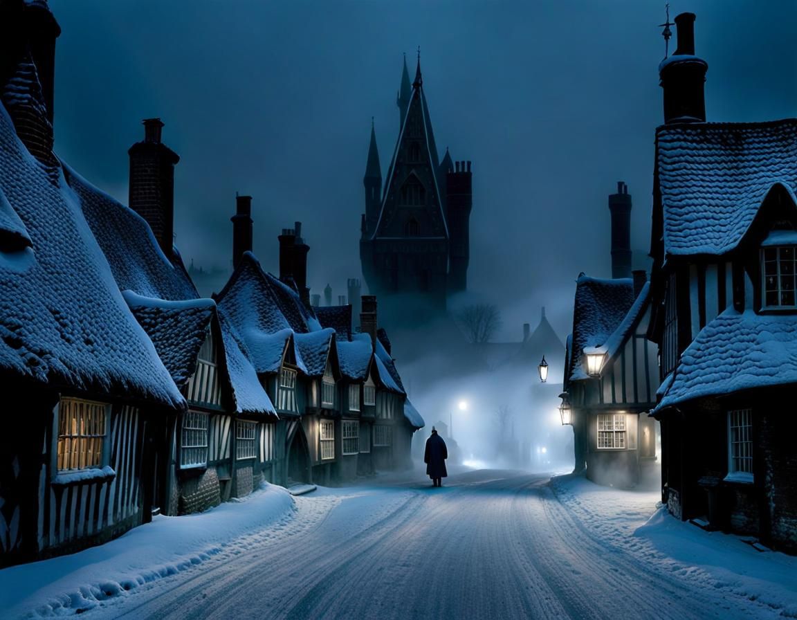 An undead Bathilda Bagshot, animated by Nagini the snake, wandering the street in Godric's Hollow