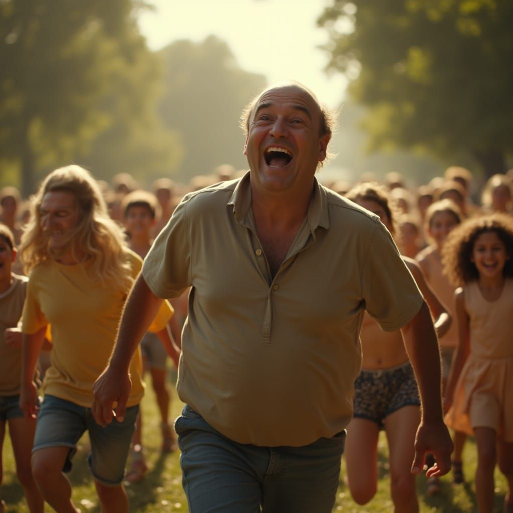 A Middle-Aged Man's Unbridled Laughter in a Joyful Children'...